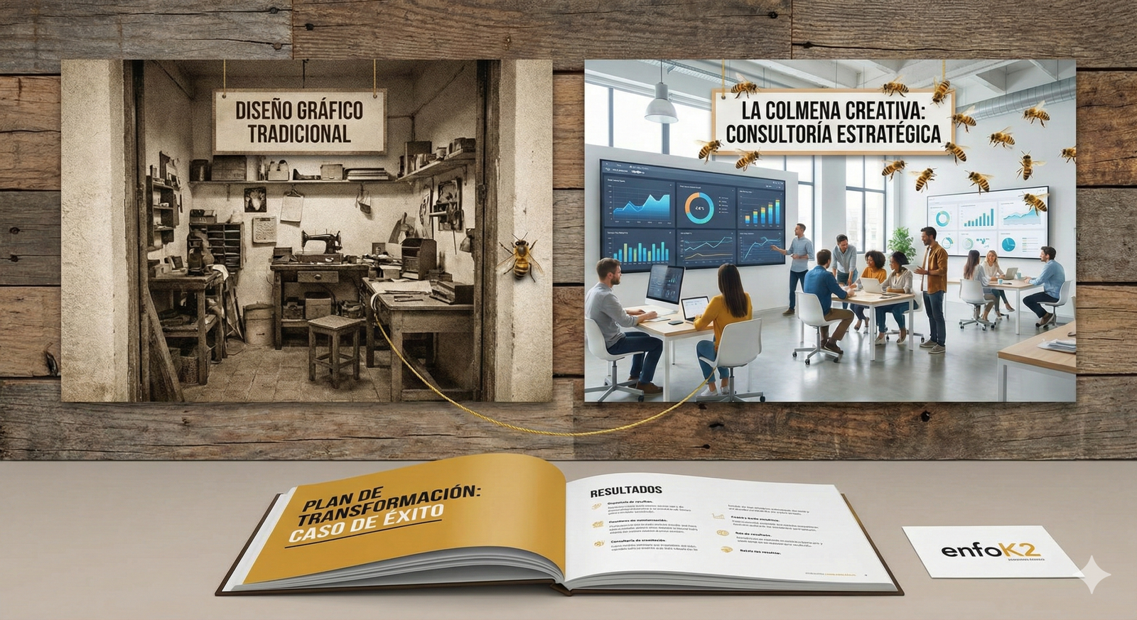 Equipo de una agencia creativa revisando estrategia en portátil y gráficos, representando un caso de éxito de transformación de agencia de diseño.