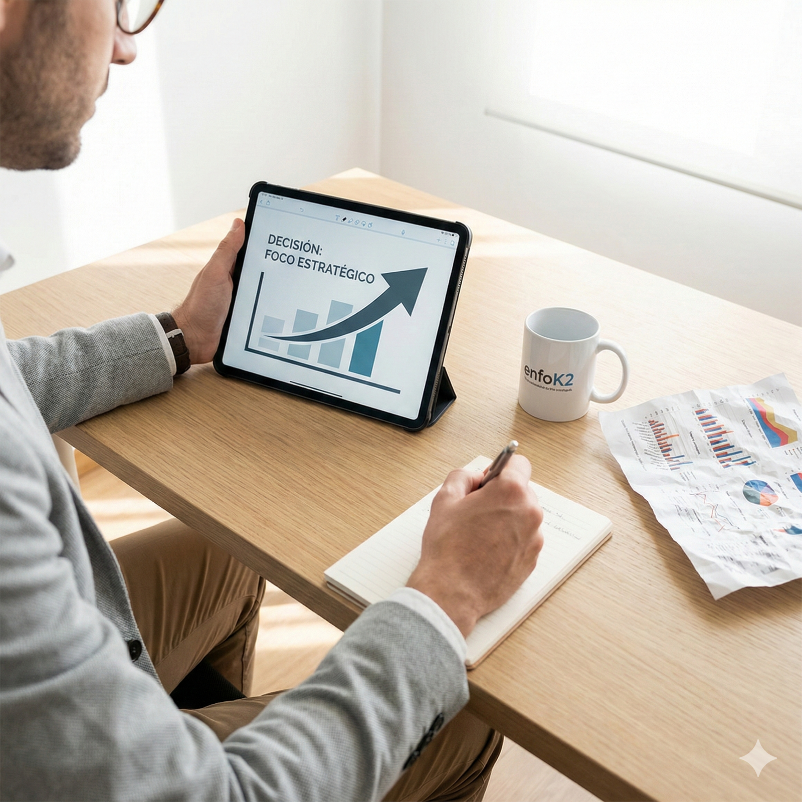 Un consultor de negocios sostiene una tablet con un gráfico ascendente y el texto "DECISIÓN: FOCO ESTRATÉGICO", sobre un escritorio con una taza de enfoK2 y gráficos desechados, simbolizando la claridad frente al exceso de datos.