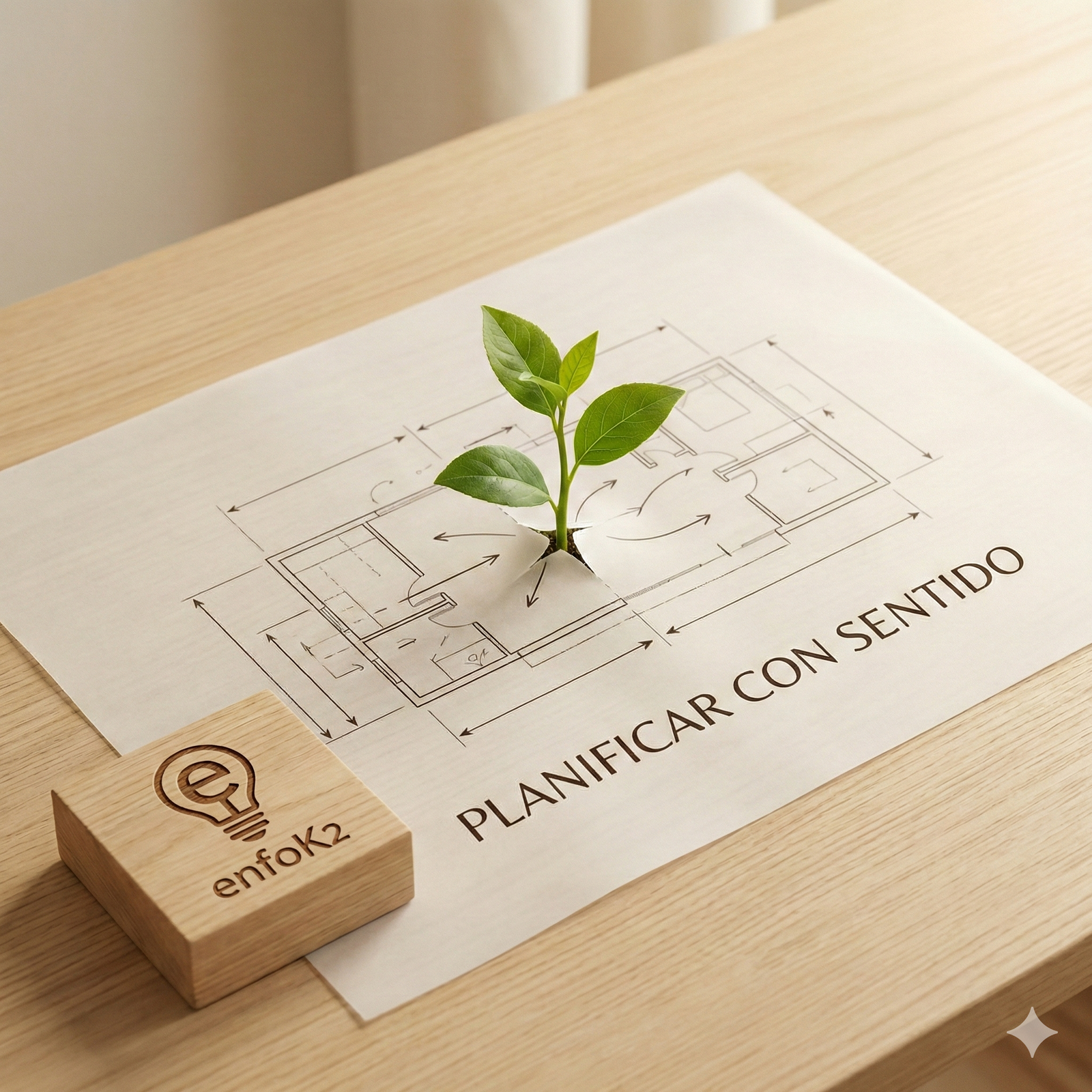 Un brote verde creciendo a través de un plano translúcido en un escritorio minimalista, con un bloque de madera que muestra el logo de enfoK2 (una 'e' invertida), simbolizando la planificación con propósito.