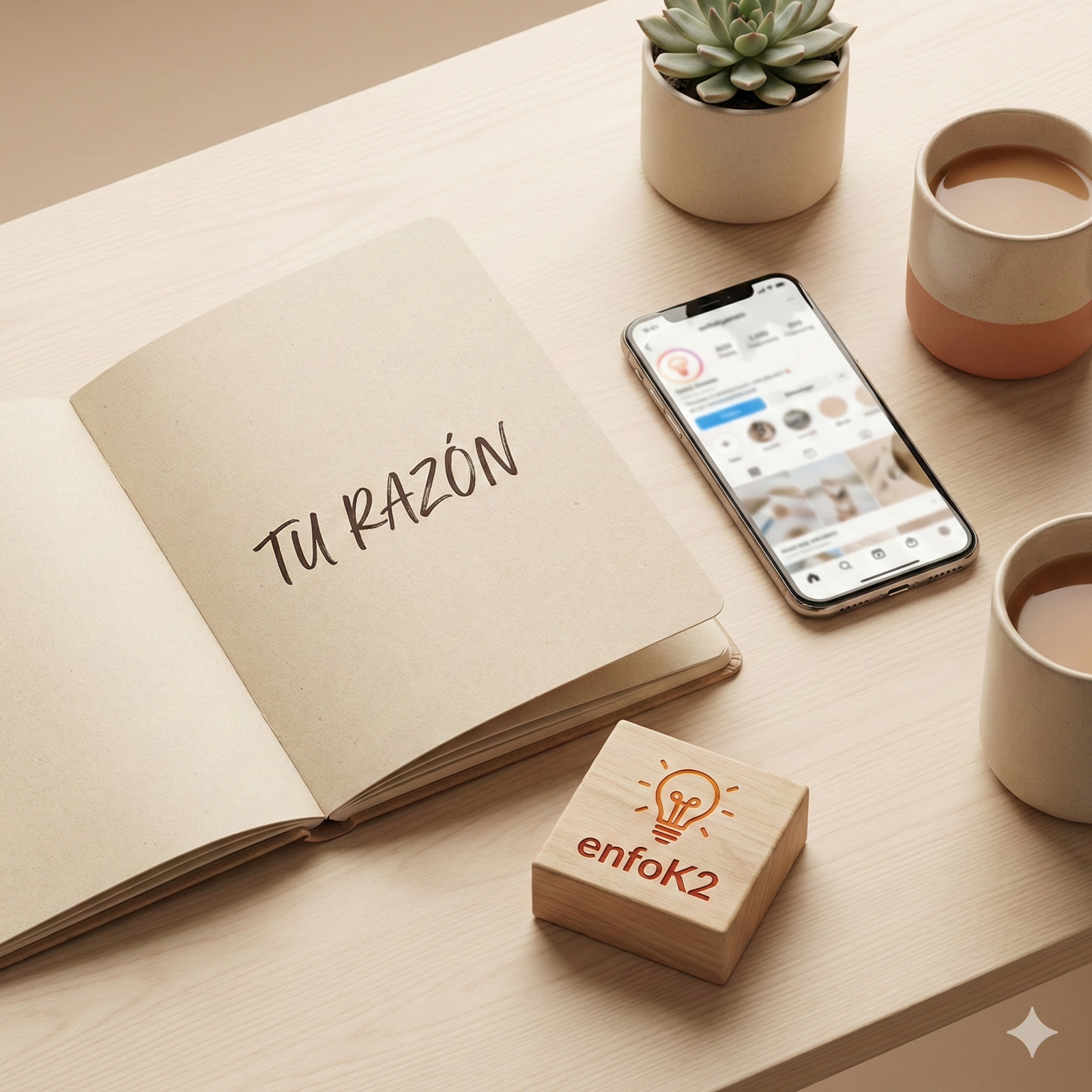 Cuaderno abierto sobre escritorio minimalista con el texto "Comunicar con Sentido" y un cubo de madera con el logo de enfoK2, representando comunicación estratégica y autenticidad de marca.