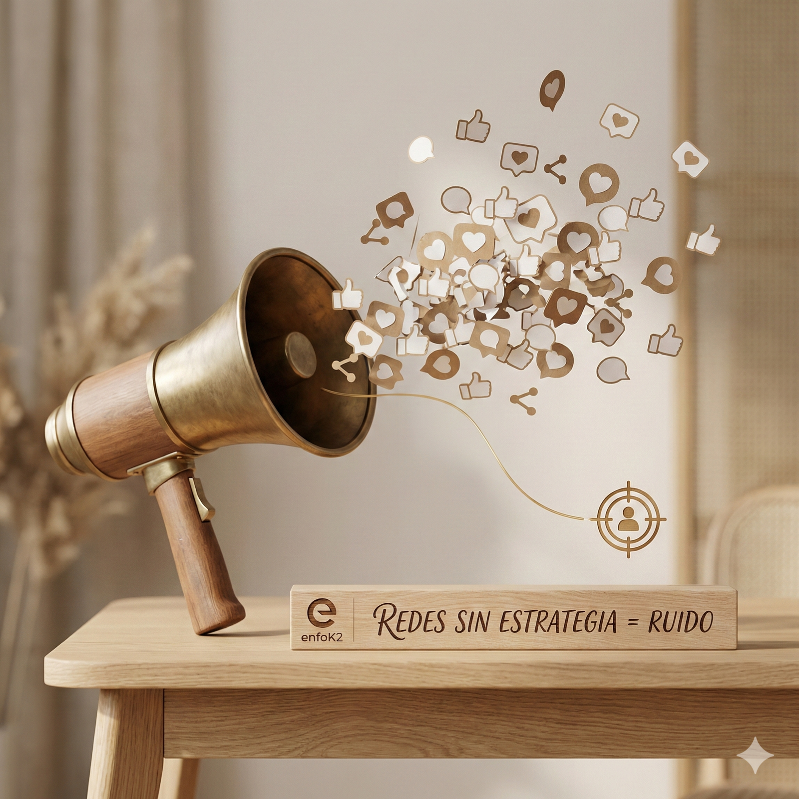 Megáfono de madera y latón en un escritorio minimalista expulsando una nube de iconos de redes sociales (corazones, likes) como ruido, mientras un bloque de madera muestra el logo de enfoK2 y el texto "REDES SIN ESTRATEGIA = RUIDO"