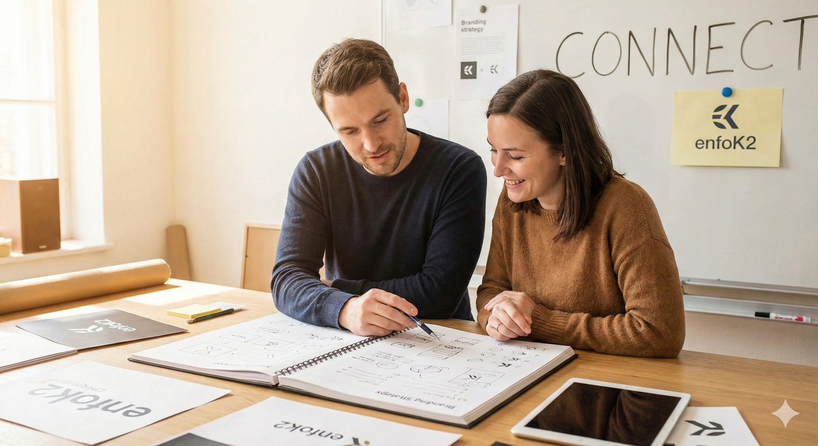Dos profesionales de branding de enfoK2 revisando bocetos de diseño y estrategia de marca en un estudio iluminado, con la palabra 'CONNECT' en una pizarra al fondo.