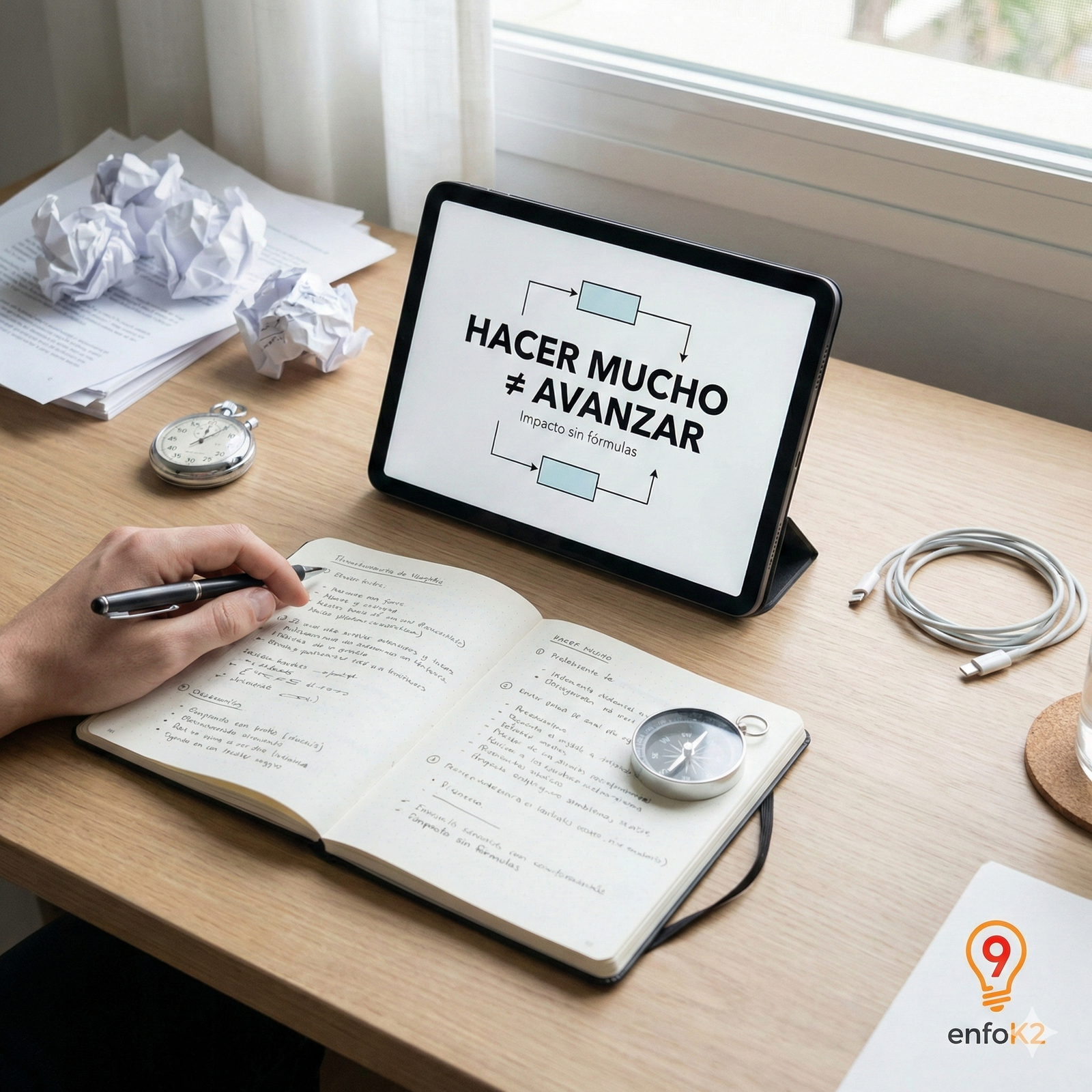 Escritorio con una tablet que muestra "HACER MUCHO ≠ AVANZAR", contrastando papeles arrugados y un cronómetro con una mano escribiendo estratégicamente en un cuaderno junto a una brújula. Logo de consultoría enfoK2 visible en un posavasos.