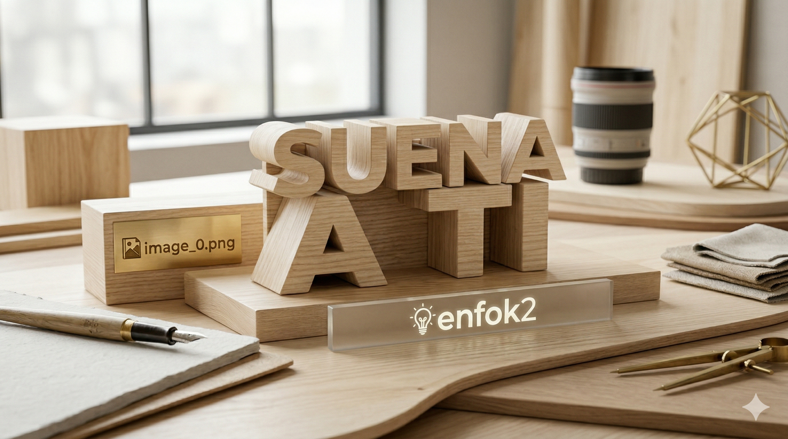 Escritorio de diseño creativo fotorrealista en 8K con herramientas de branding premium: pluma estilográfica, cuaderno de papel crudo, brújula de latón y un tintero. En el centro, un titular impactante en texto 3D de madera clara que dice: "SUENA A TI". Placa de cristal translúcido en primer plano con el logo de enfok2.
