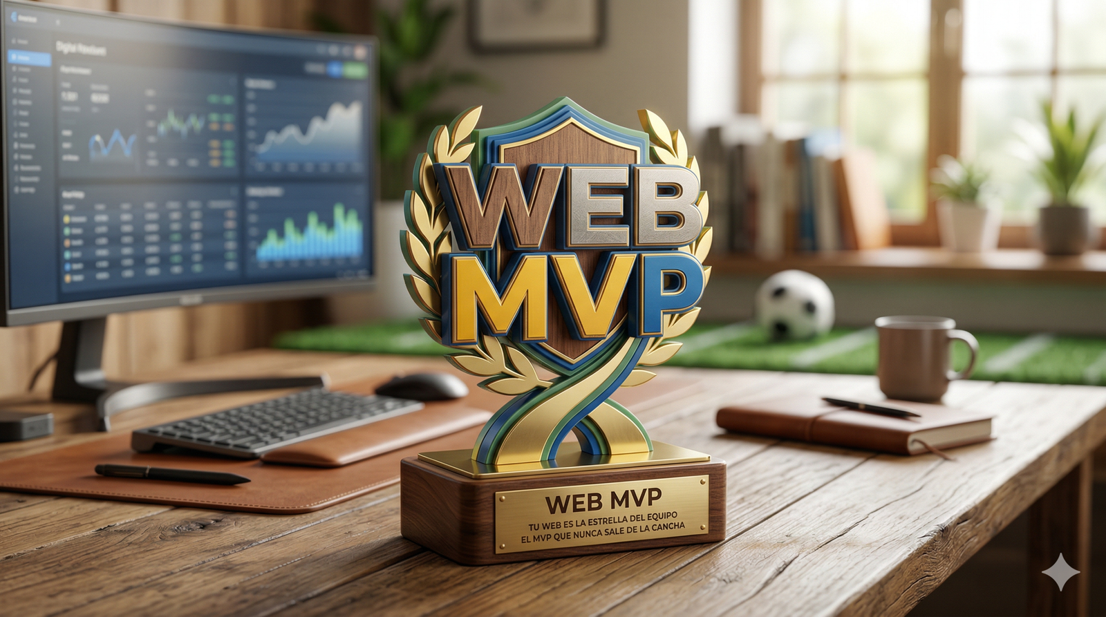 Trofeo MVP con pantalla de ordenador y texto en 3D "WEB MVP"