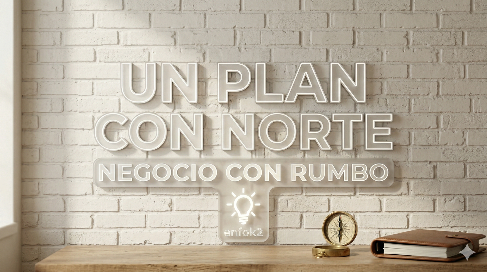 Escritorio de oficina moderna con fondo de ladrillo visto blanco y luz natural. En el centro, una estructura de texto 3D translúcida e iluminada que dice: "UN PLAN CON NORTE" y abajo "NEGOCIO CON RUMBO". Un compás de latón moderno y una agenda de cuero minimalista en la mesa de madera. Integración sutil del logo enfok2 en la base translúcida.