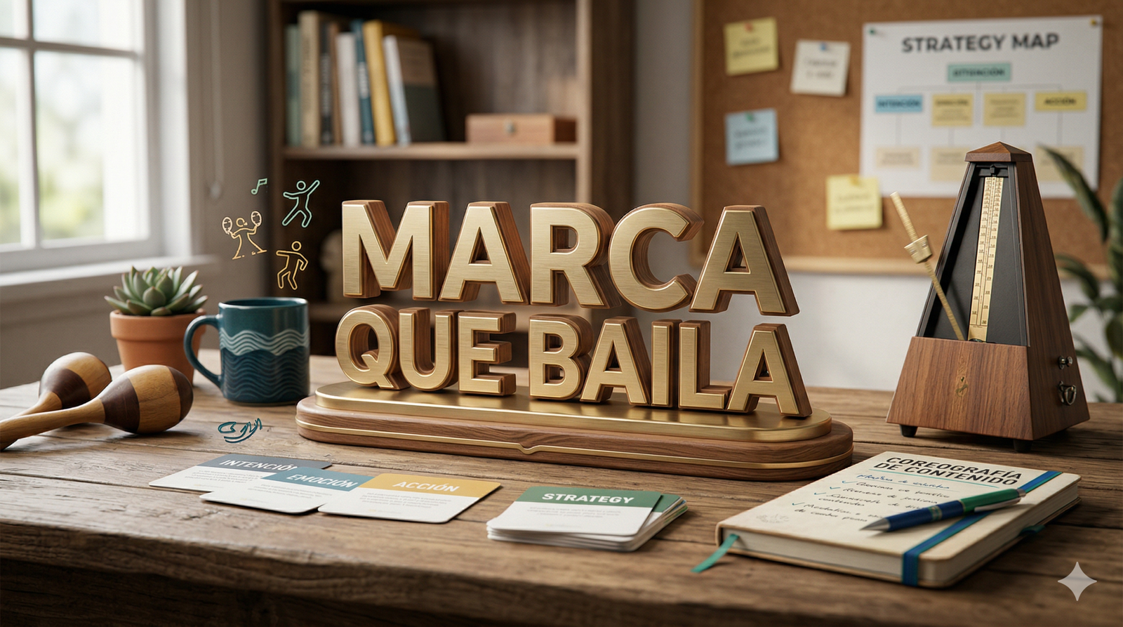 Imagen fotorrealista de un escritorio profesional con la frase en 3D "MARCA QUE BAILA". Un metrónomo, maracas y tarjetas de estrategia ilustran cómo el contenido estratégico mueve y conecta a la audiencia.