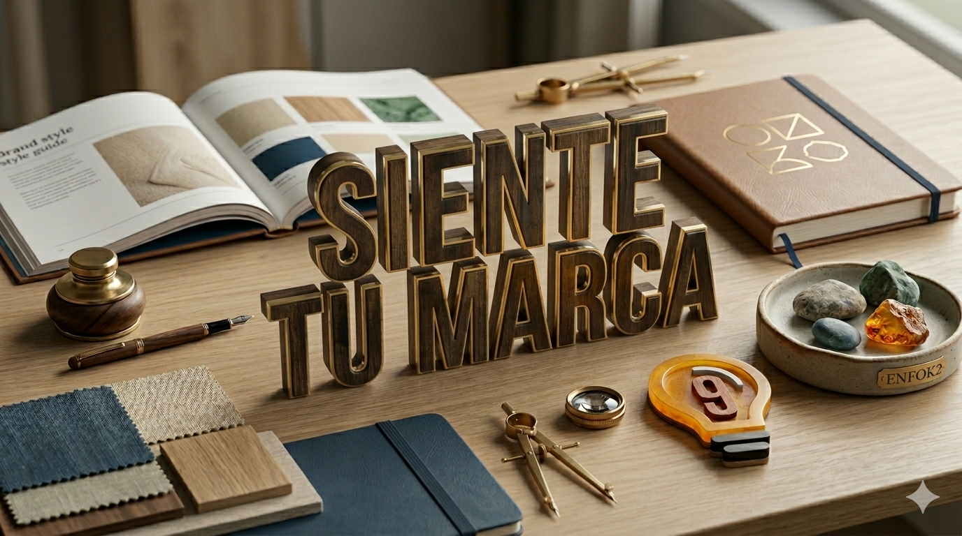 Escritorio de diseño creativo fotorrealista en 8K con herramientas de branding premium: muestrarios de tela, cuaderno de cuero, brújulas de latón y un tintero. En el centro, un titular impactante en texto 3D de madera y bronce que dice: "SIENTE TU MARCA". Pequeña placa dorada discreta con el logo 'enfok2'.
